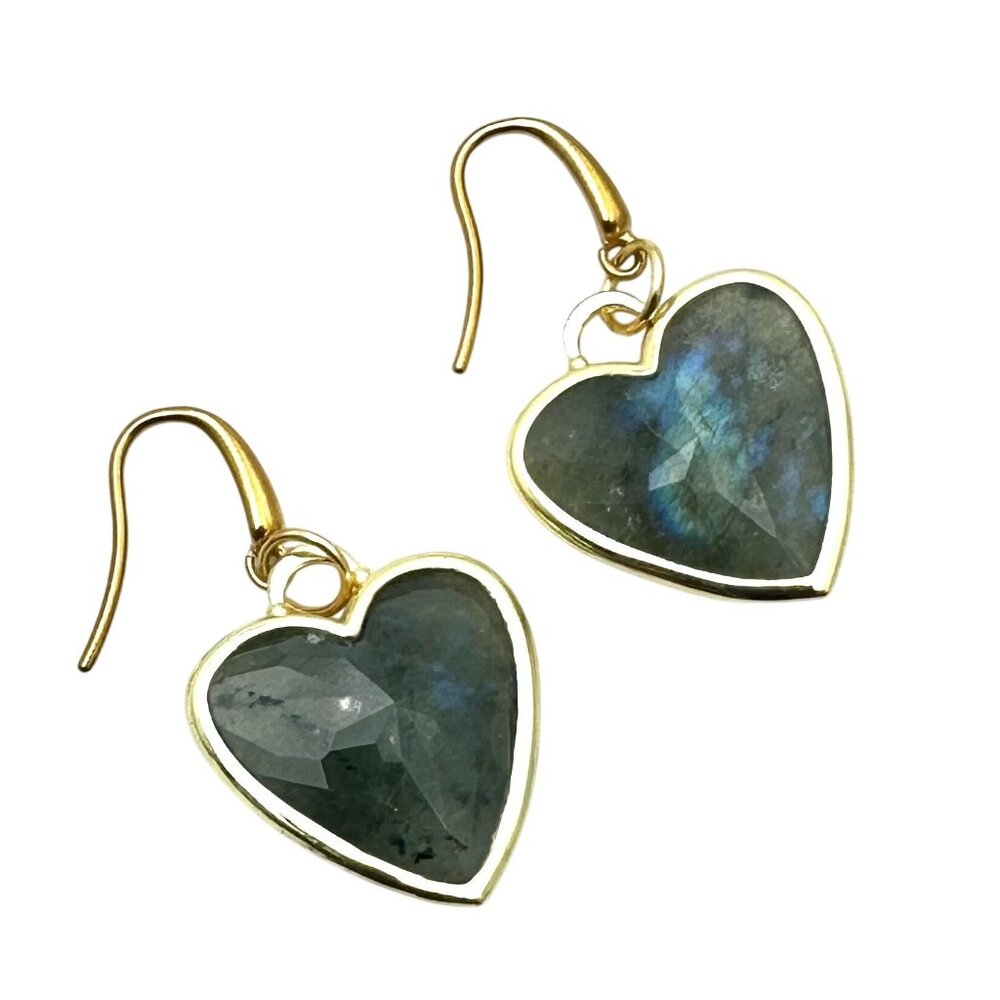 Womens Labradorite Gemstone Heart Gold Plated Earrings Pierced Chandelier